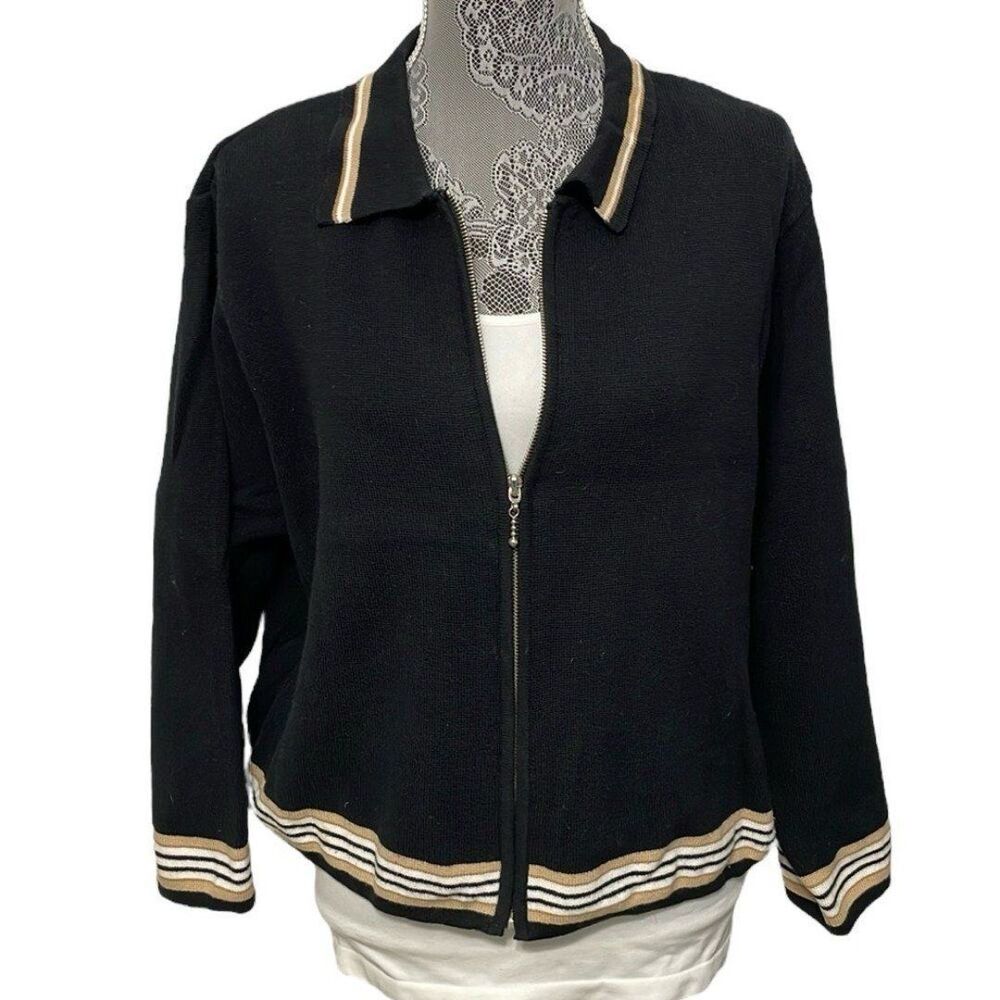 Liz Claiborne Lizwear Size Large Petite black cotton zip front cardigan sweater